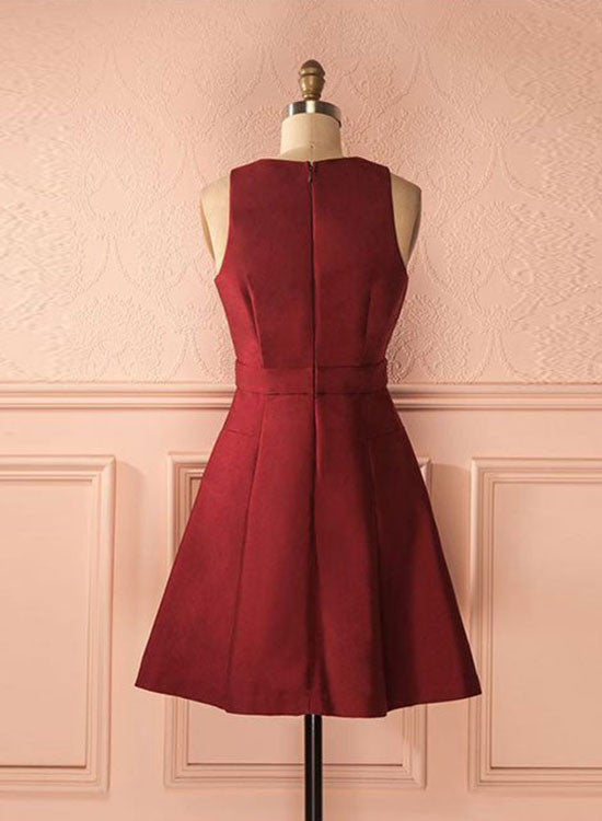 Cute A-Line Burgundy Satin Short Prom Dress, Burgundy Evening Party Dress