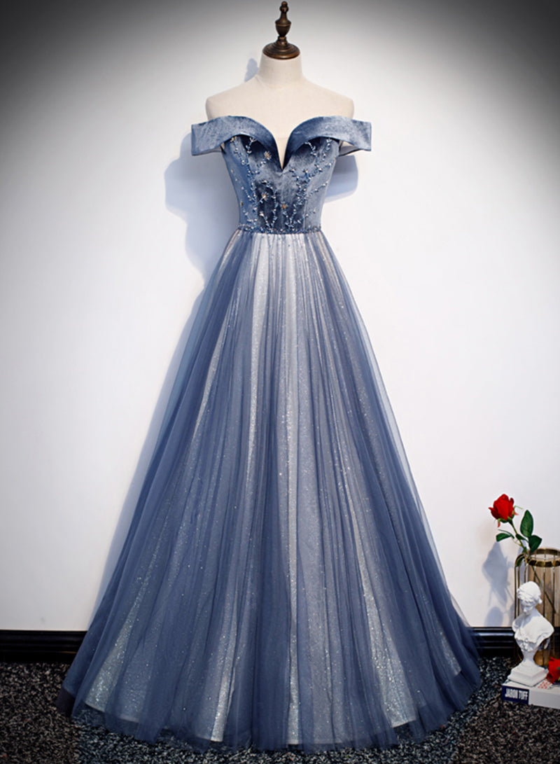 Blue Velvet Tulle Long Prom Dress, Off the Shoulder Evening Party Dress