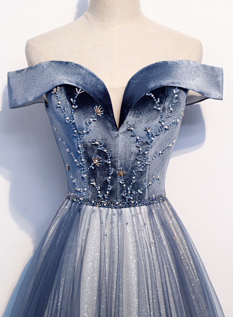 Blue Velvet Tulle Long Prom Dress, Off the Shoulder Evening Party Dress