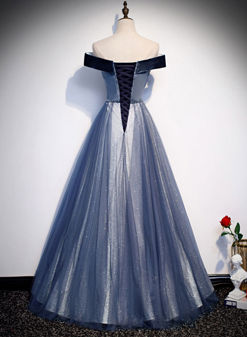 Blue Velvet Tulle Long Prom Dress, Off the Shoulder Evening Party Dress
