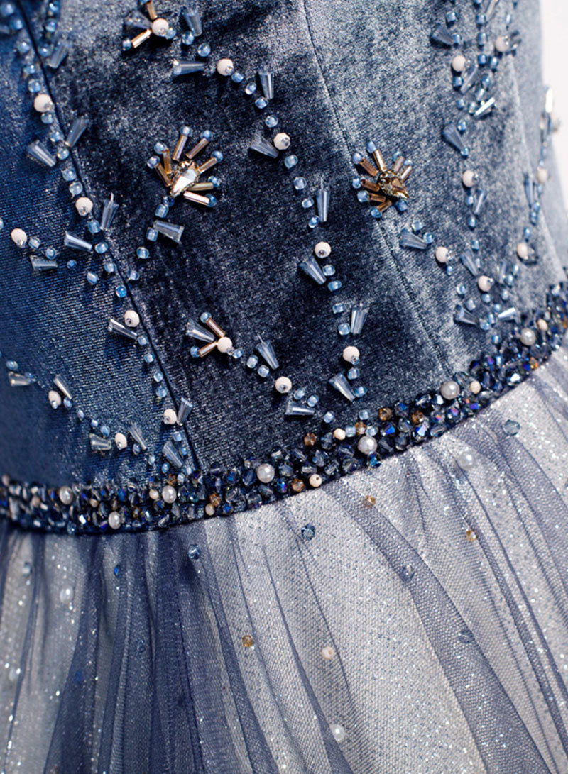 Blue Velvet Tulle Long Prom Dress, Off the Shoulder Evening Party Dress