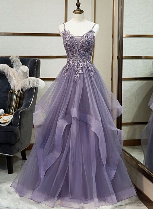 Purple Spaghetti Strap Tulle Lace Long Prom Dress, Purple Evening Party Dress