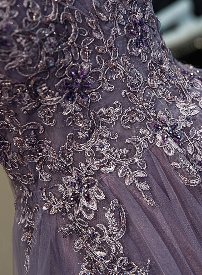 Purple Spaghetti Strap Tulle Lace Long Prom Dress, Purple Evening Party Dress