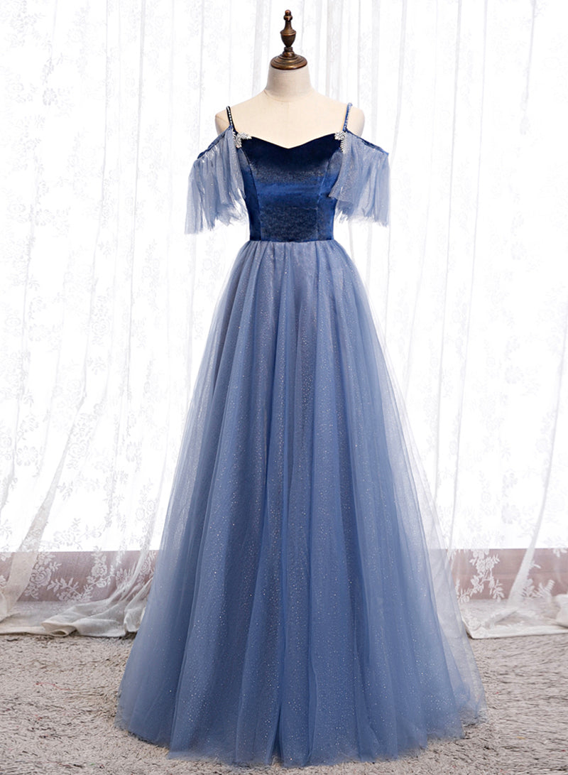 Blue Velvet Tulle Long Prom Dress, Blue Spaghetti Strap Evening Party Dress