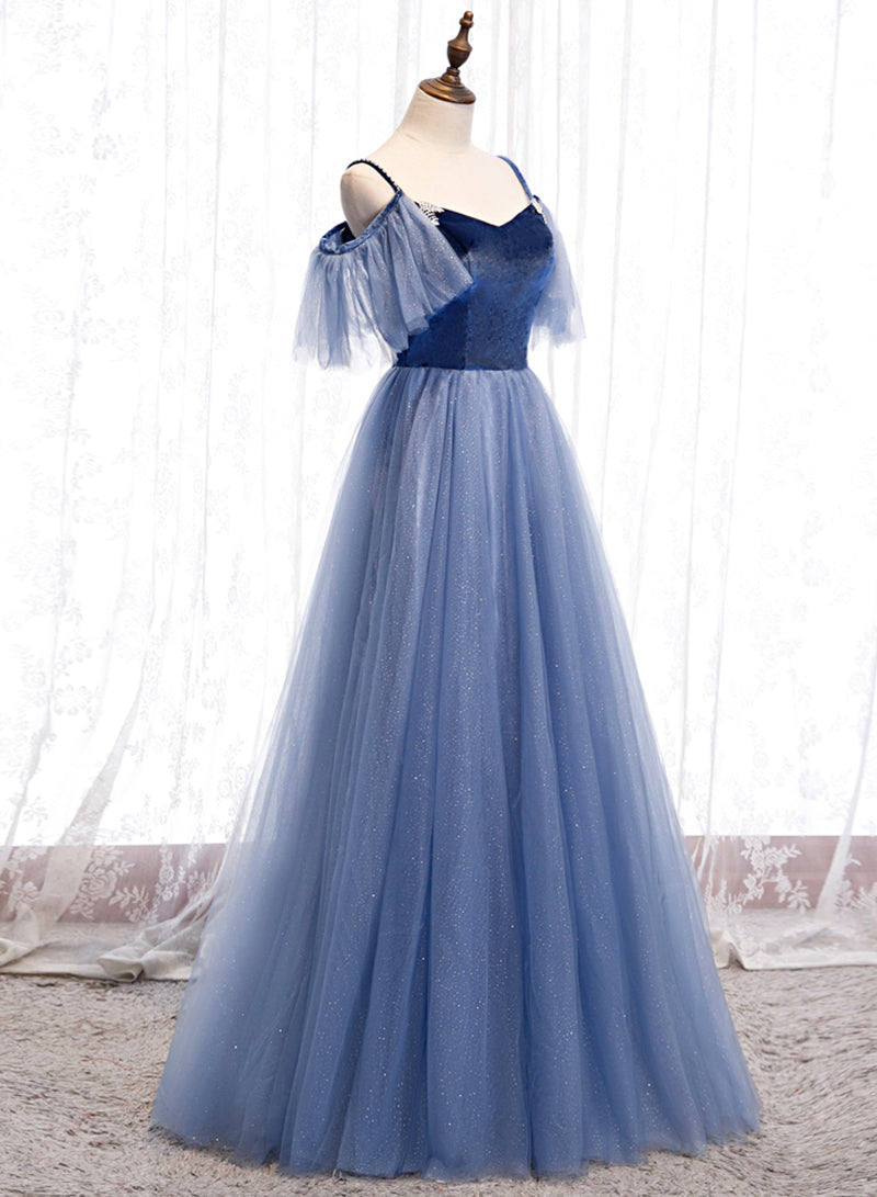 Blue Velvet Tulle Long Prom Dress, Blue Spaghetti Strap Evening Party Dress