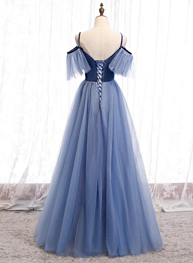 Blue Velvet Tulle Long Prom Dress, Blue Spaghetti Strap Evening Party Dress
