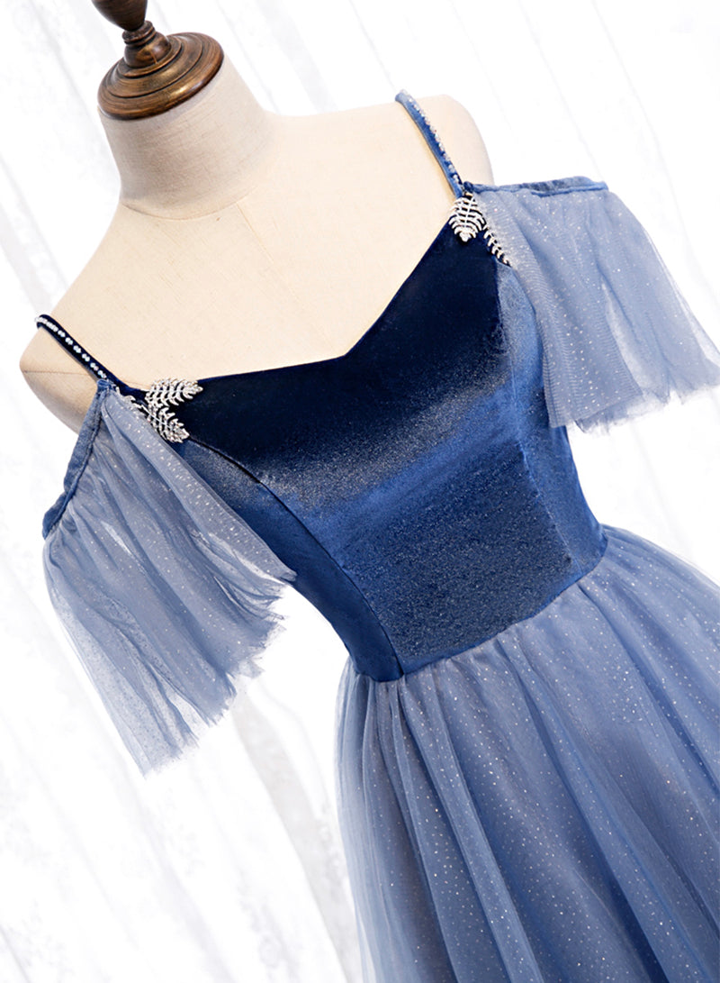 Blue Velvet Tulle Long Prom Dress, Blue Spaghetti Strap Evening Party Dress