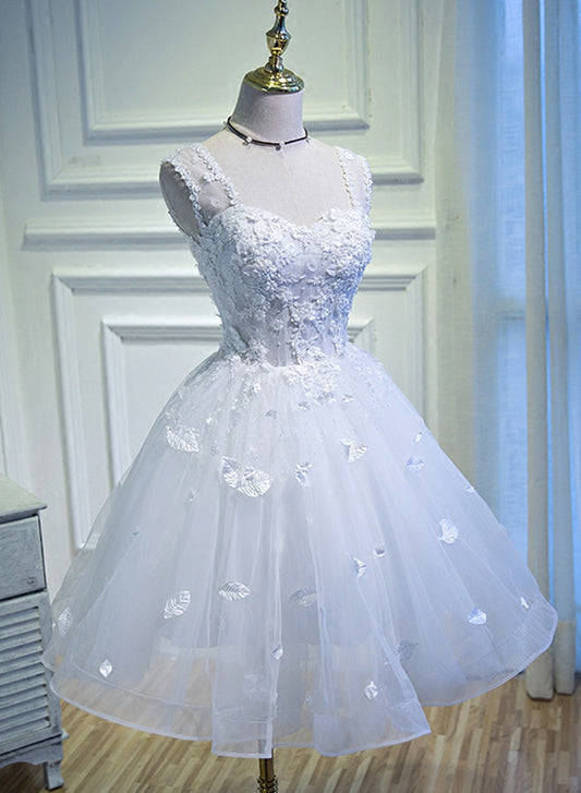 White Tulle Lace Short Prom Dress, Cute A-Line Party Dress