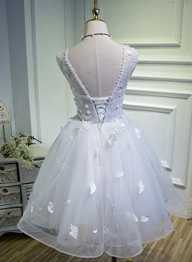 White Tulle Lace Short Prom Dress, Cute A-Line Party Dress