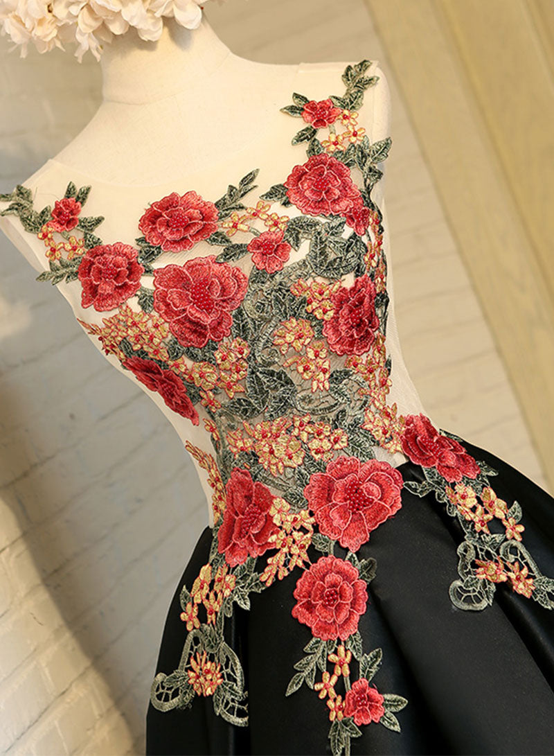 Cute Satin Lace Short Prom Dress, A-Line Scoop Neckline Evening Party Dress