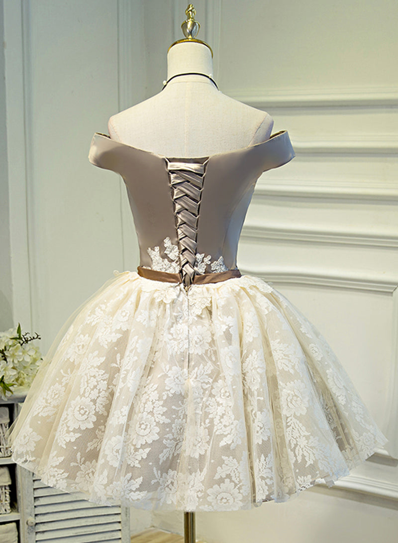 Champagne Lace Short Prom Dress, Cute Off the Shoulder Cocktail Dress