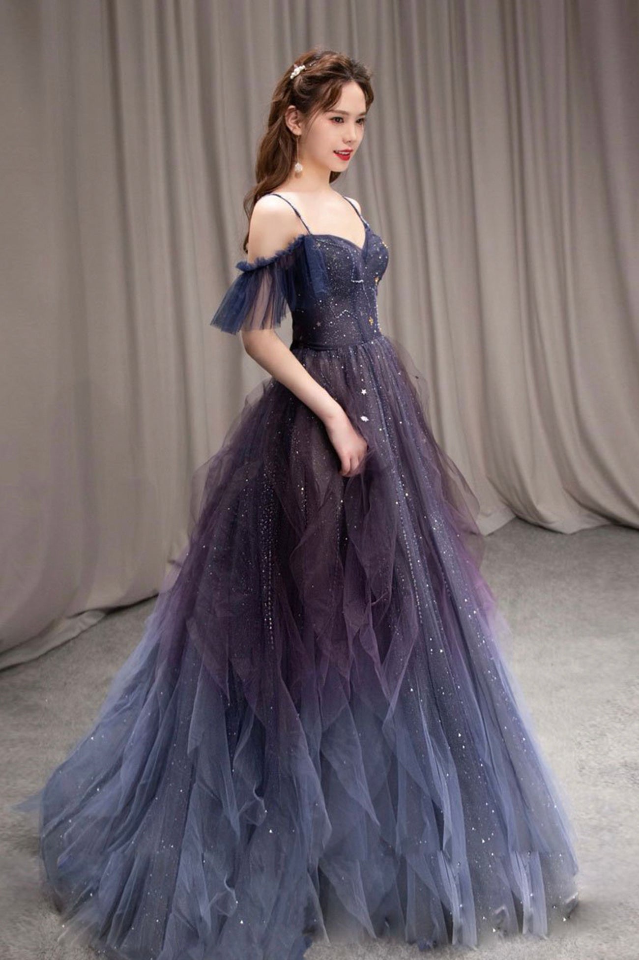 Purple Gradient Tulle Long Prom Dress, Beautiful A-Line Spaghetti Strap Evening Party Dress