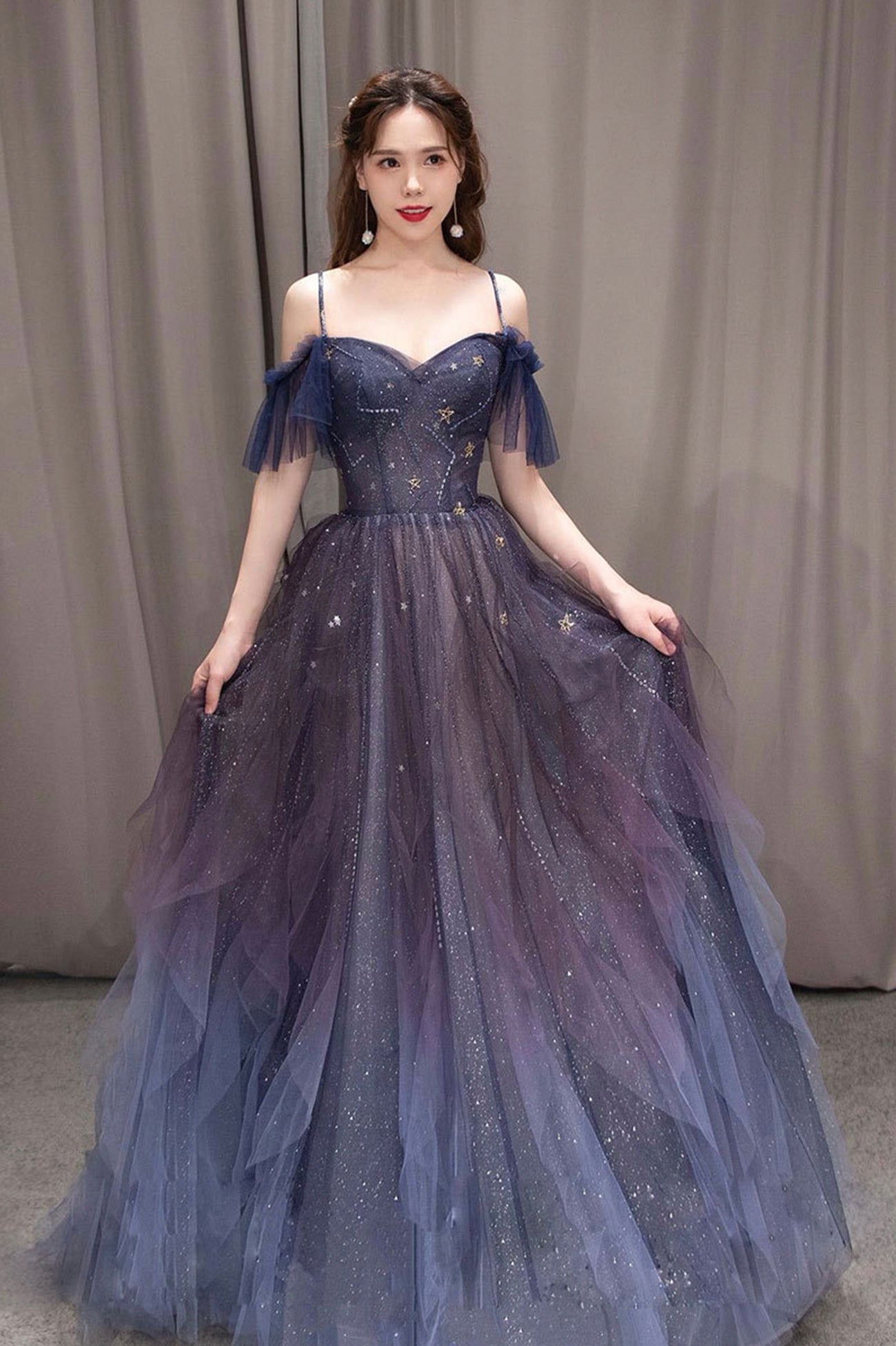 Purple Gradient Tulle Long Prom Dress, Beautiful A-Line Spaghetti Strap Evening Party Dress