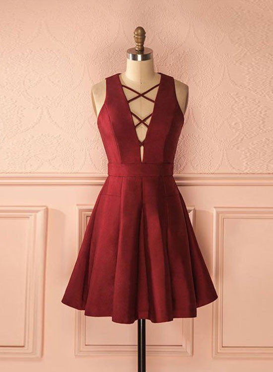 Cute A-Line Burgundy Satin Short Prom Dress, Burgundy Evening Party Dress