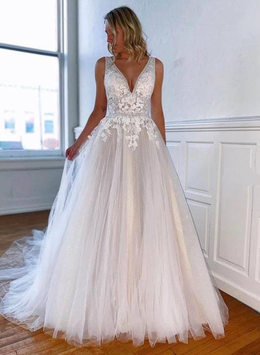 A-Line Tulle Lace Floor Length V-Neck Prom Dress