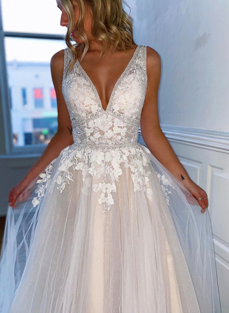 A-Line Tulle Lace Floor Length V-Neck Prom Dress
