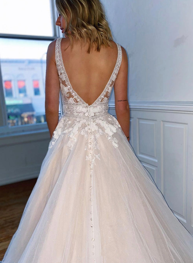 A-Line Tulle Lace Floor Length V-Neck Prom Dress