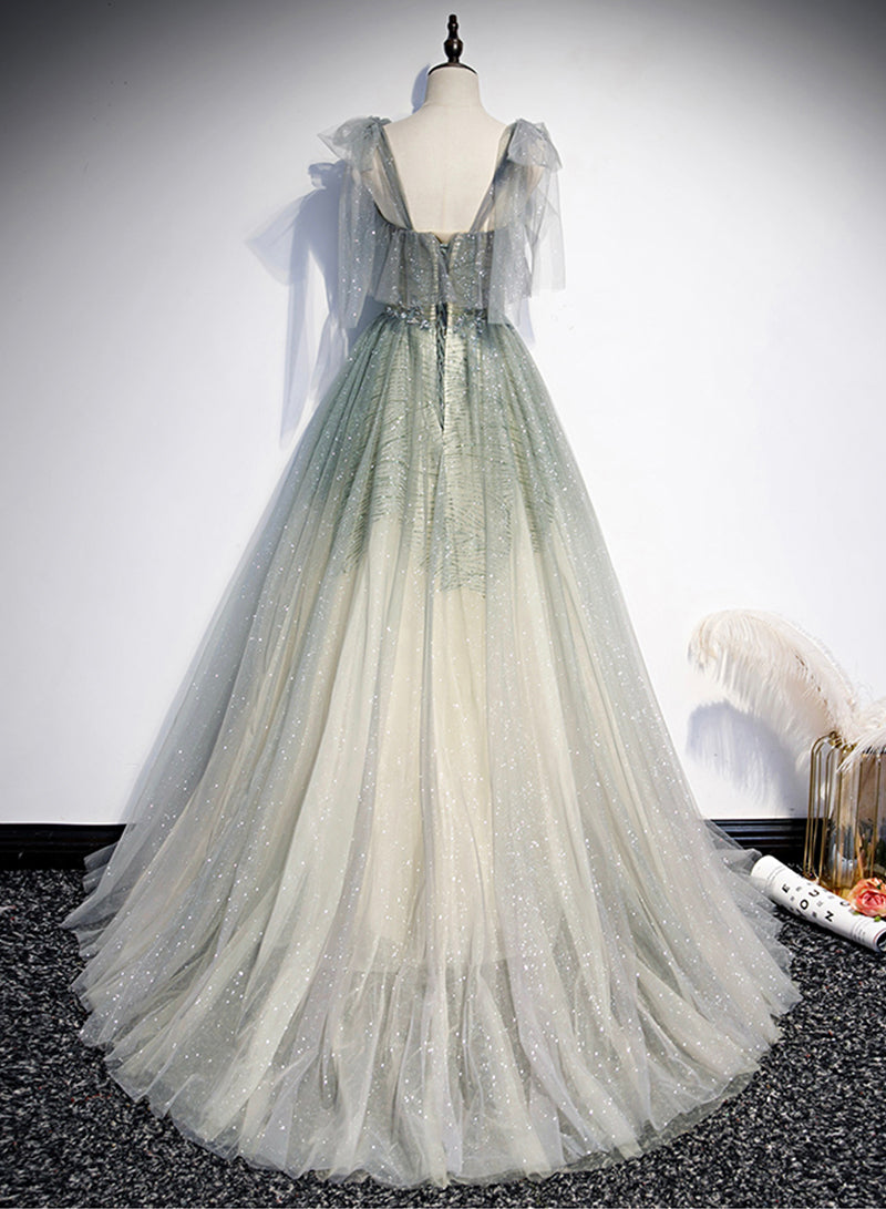 Elegant Tulle Floor Length Prom Dress, A-Line Green Evening Dress