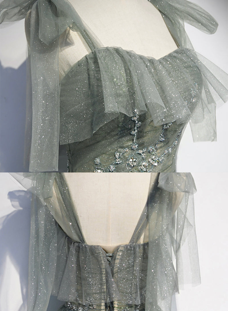 Elegant Tulle Floor Length Prom Dress, A-Line Green Evening Dress