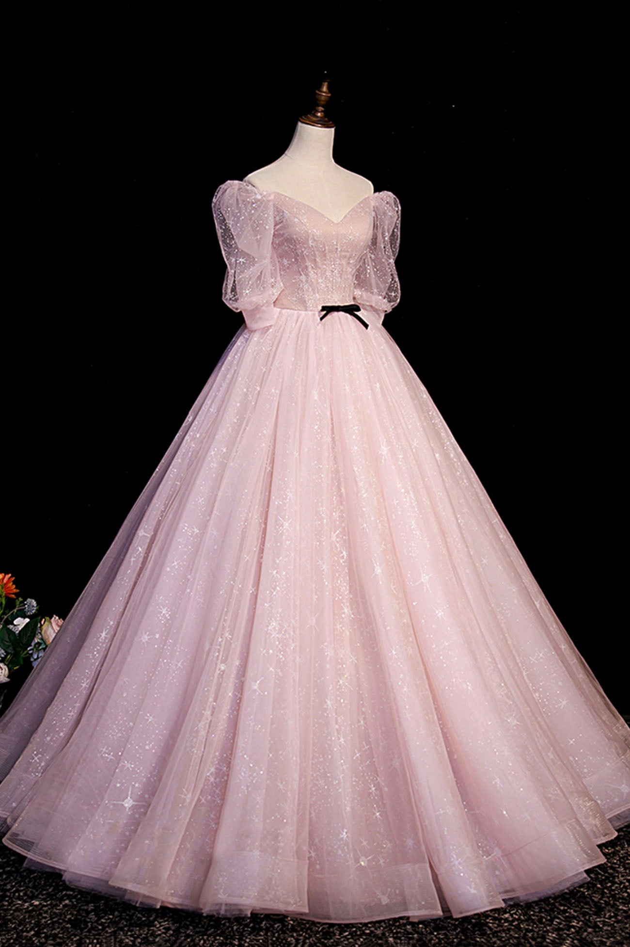 Pink Tulle Long Prom Dress, Lovely Short Sleeve Evening Dress