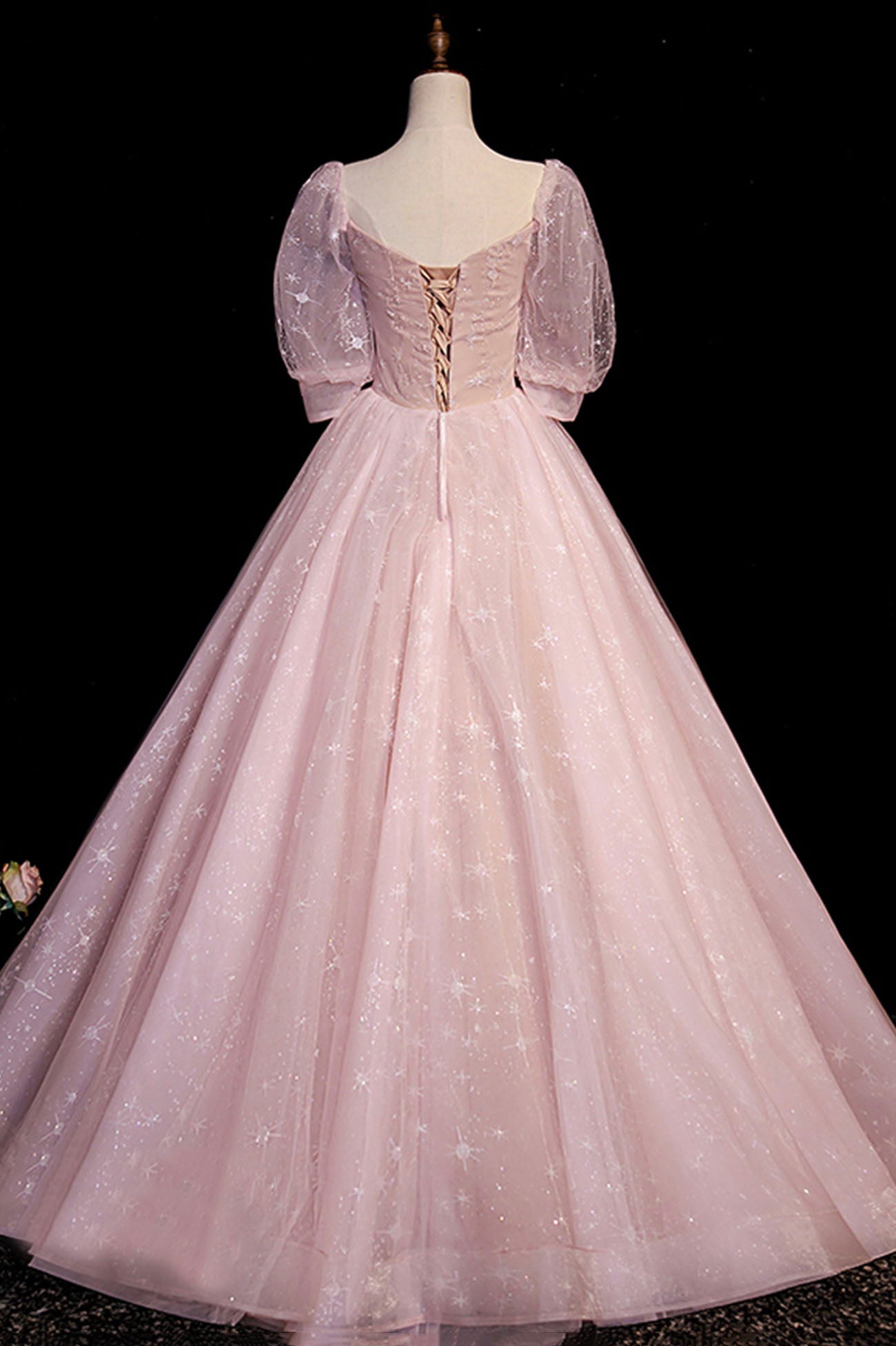 Pink Tulle Long Prom Dress, Lovely Short Sleeve Evening Dress