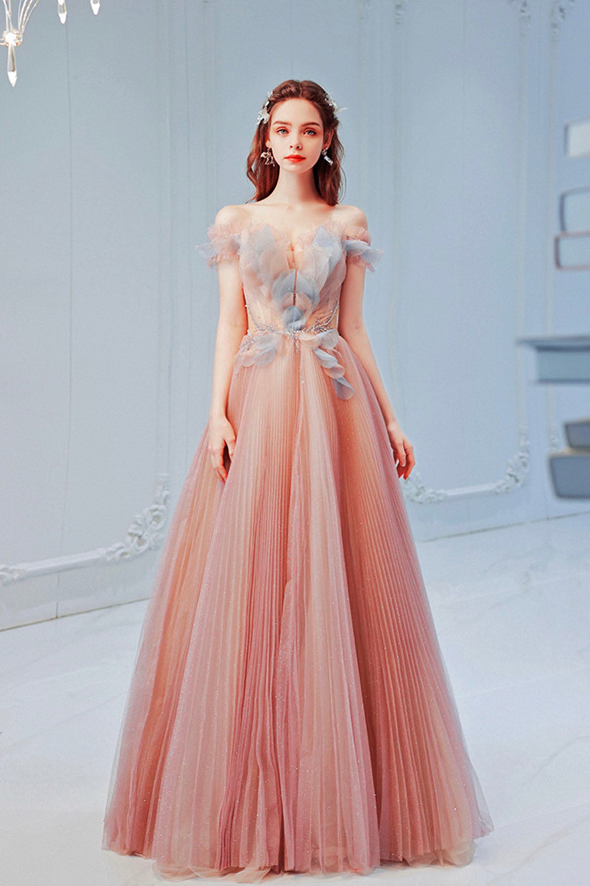 Pink Tulle Sequins Long Prom Dress, Beautiful Off the Shoulder Party Dress
