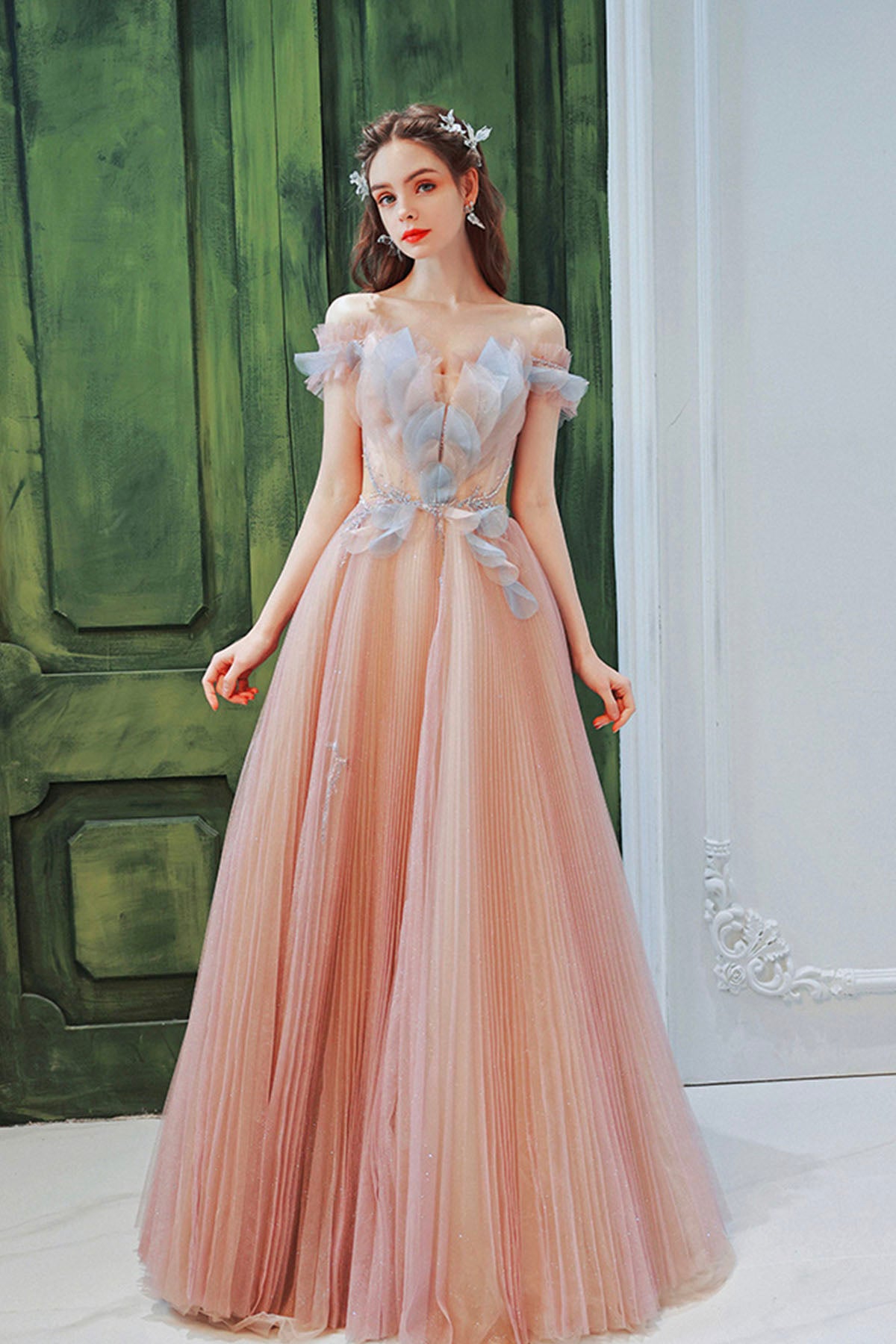 Pink Tulle Sequins Long Prom Dress, Beautiful Off the Shoulder Party Dress