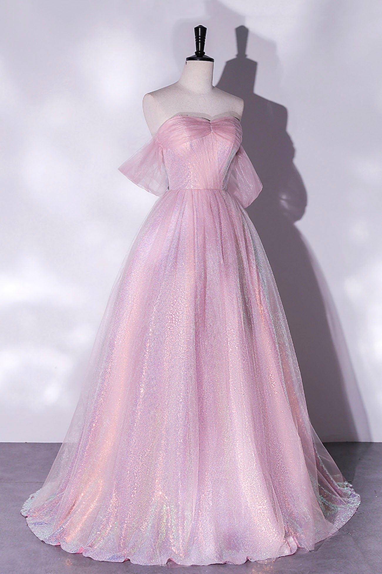 Pink Tulle Sequins Long Prom Dress, Off the Shoulder Evening Party Dress