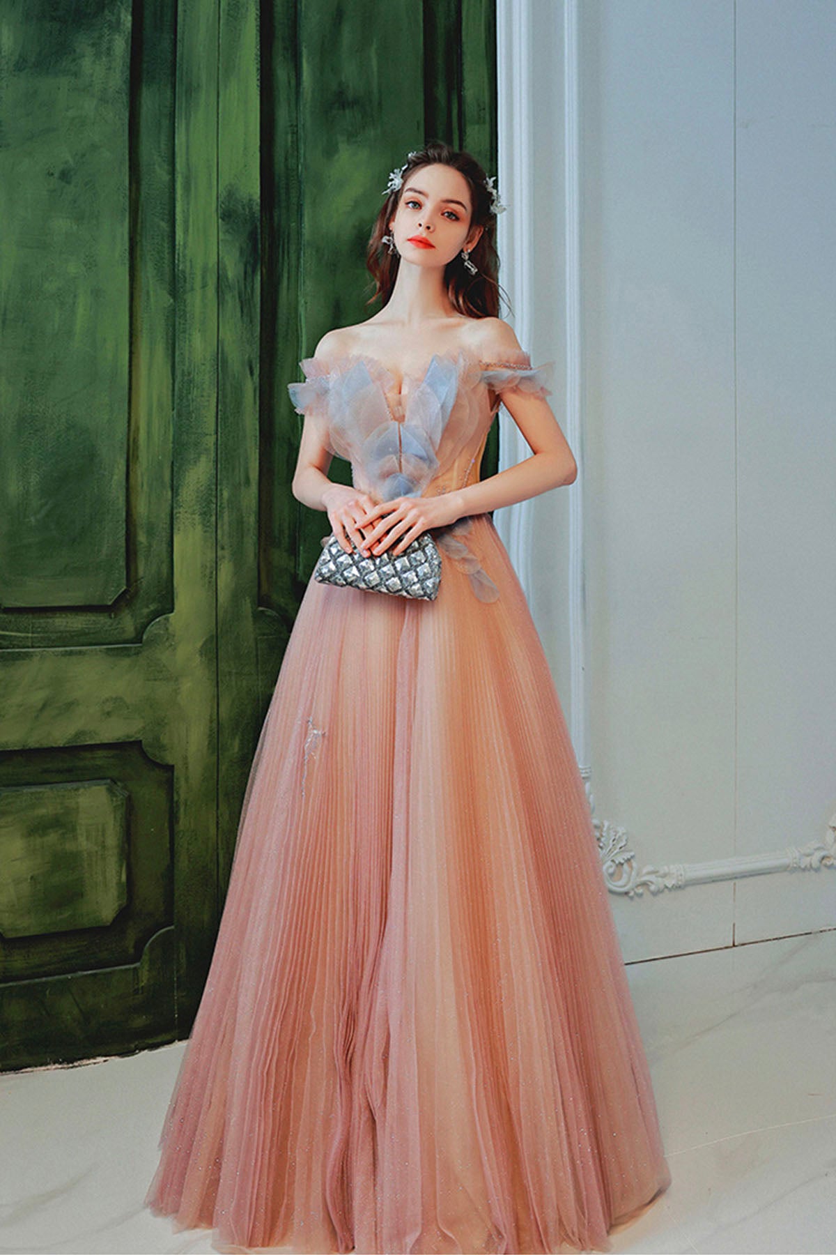 Pink Tulle Sequins Long Prom Dress, Beautiful Off the Shoulder Party Dress