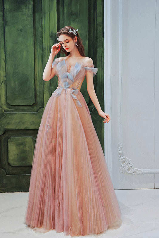 Pink Tulle Sequins Long Prom Dress, Beautiful Off the Shoulder Party Dress