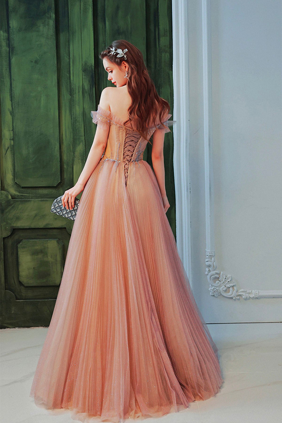 Pink Tulle Sequins Long Prom Dress, Beautiful Off the Shoulder Party Dress