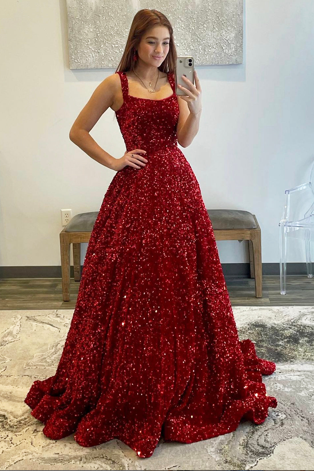 Burgundy Sequins Long Prom Dress, Beautiful A-Line Evening Dress Party Dress
