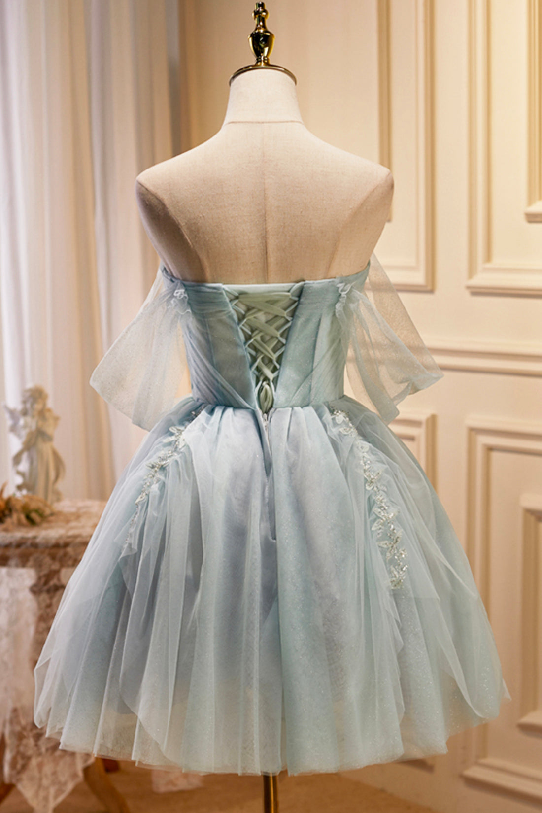 Green Tulle Short A-Line Prom Dress, Off Shoulder Evening Party Dress