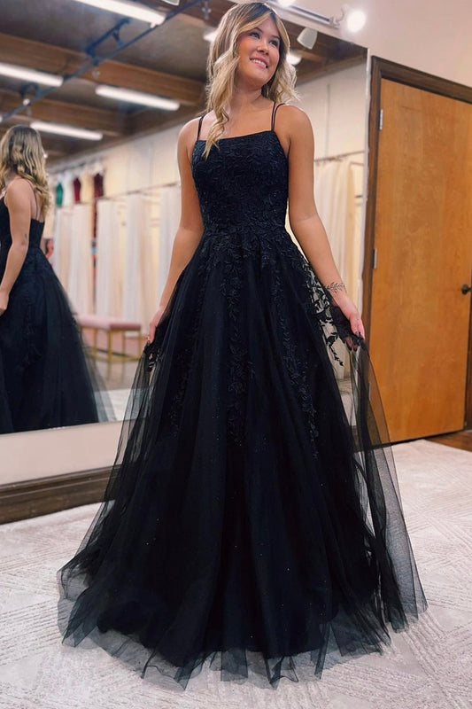 Black Tulle Lace Long Prom Dress, A-Line Evening Party Dress