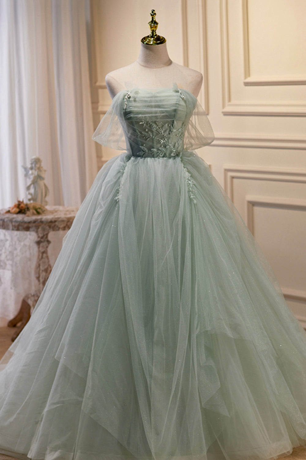 Green Tulle Long A-Line Prom Dress, Off Shoulder Evening Party Dress