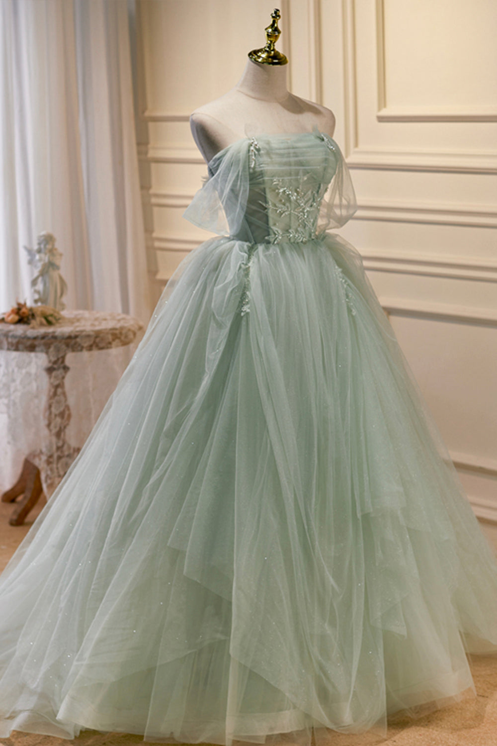 Green Tulle Long A-Line Prom Dress, Off Shoulder Evening Party Dress