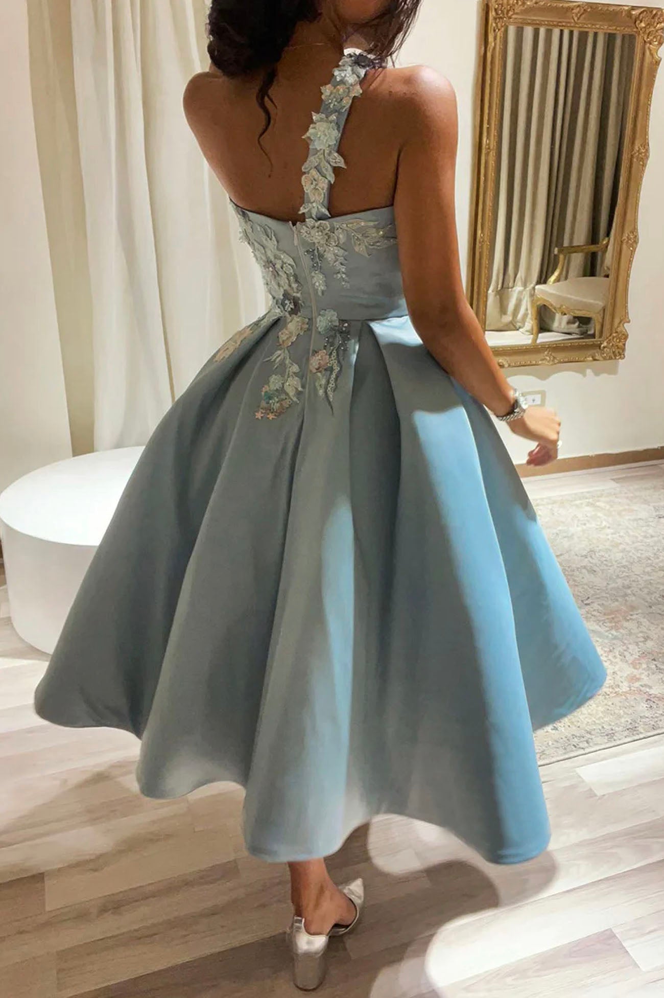 Cute Satin Short Prom Dress, One Shoulder Lace A-Line Party Dress
