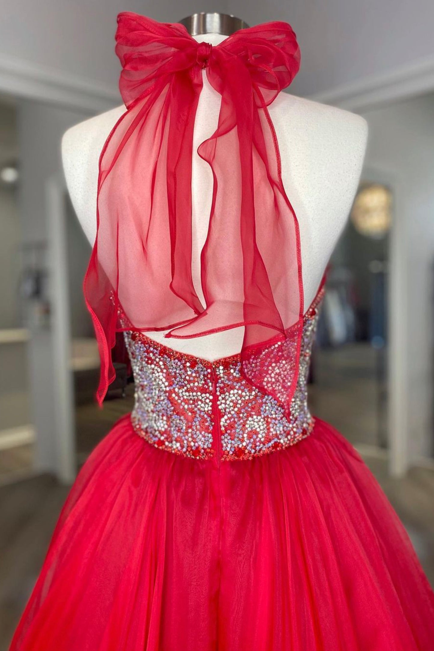 Red Organza Beaded Long A-Line Prom Dress, Red Evening Dress