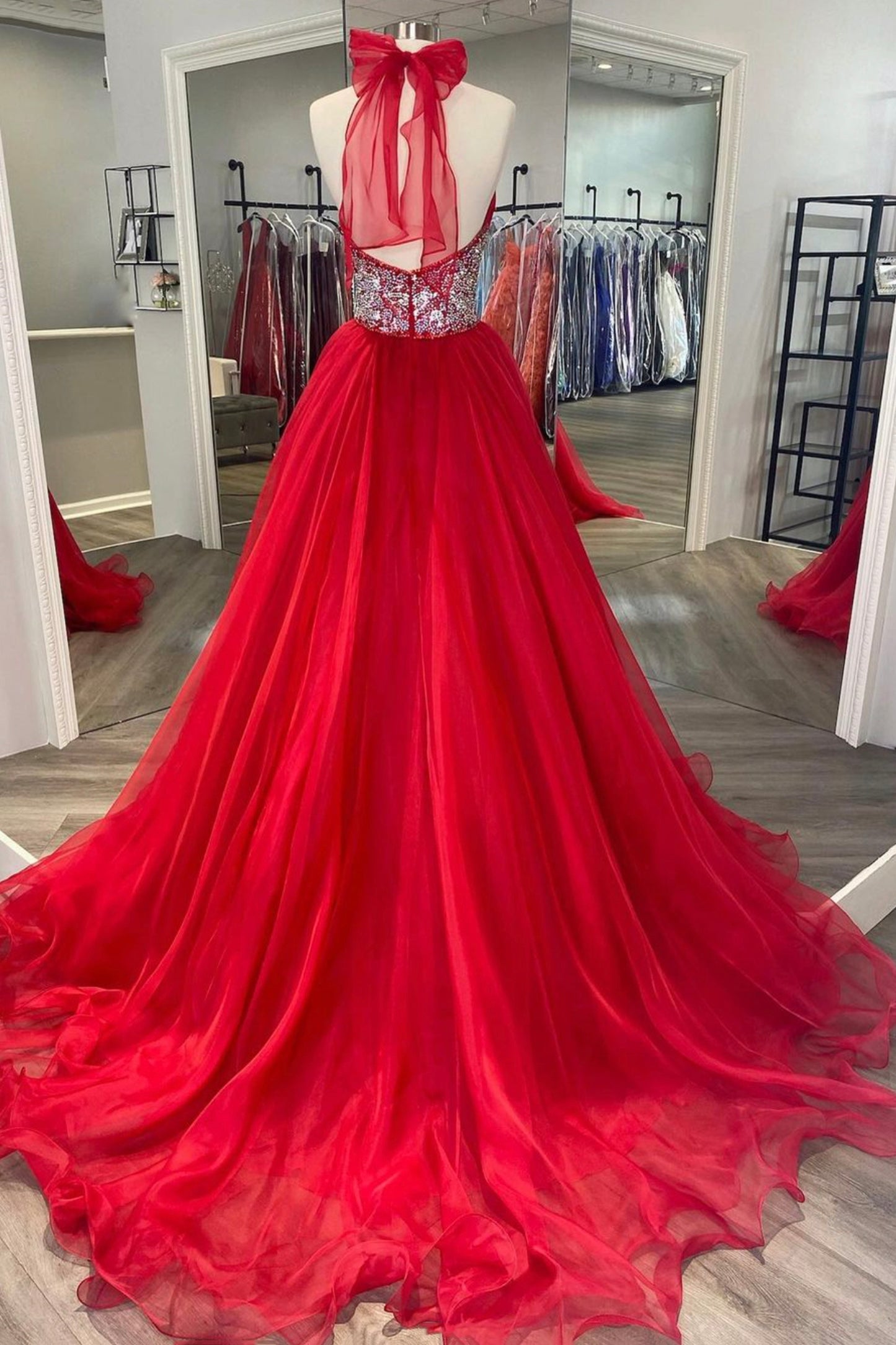 Red Organza Beaded Long A-Line Prom Dress, Red Evening Dress