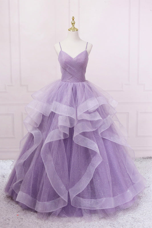 Purple Tulle A-line Long Prom Dress, Purple Straps Formal Dress Party Dress