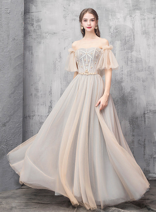 Cute Tulle Beaded Long Prom Dress, Off the Shoulder Evening Dress