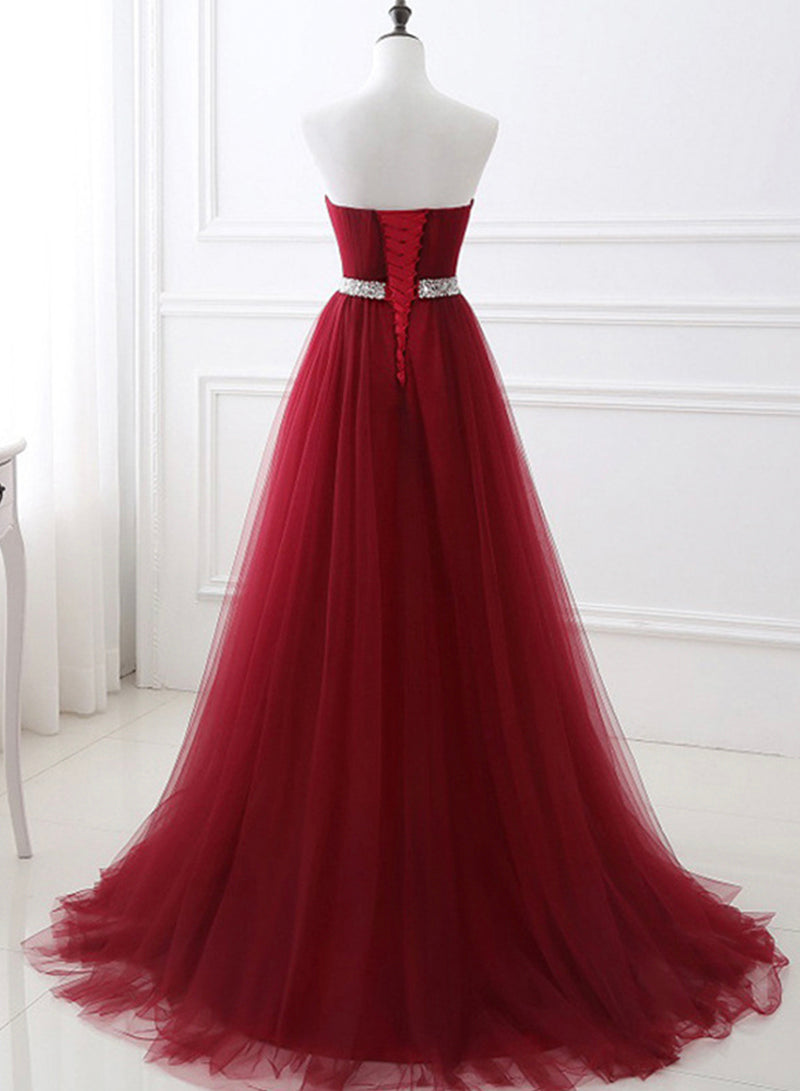 Burgundy Strapless Tulle Beaded Long Prom Dress