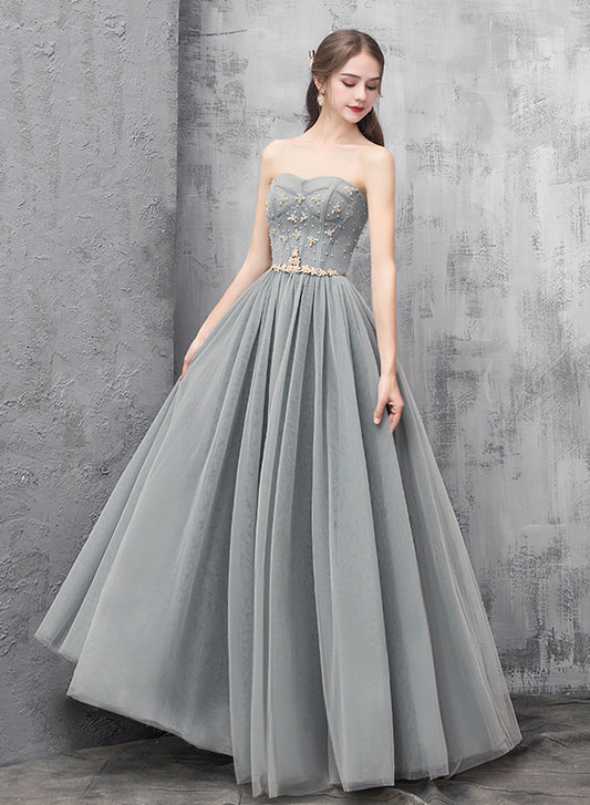 Gray Tulle Beaded Long Prom Dress, A-Line Sweetheart Evening Dress