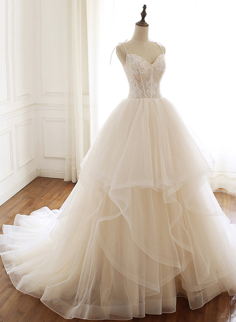 Champagne Spaghetti Strap Tulle Layers Long Prom Dress, Beautiful A-Line Princess Dress
