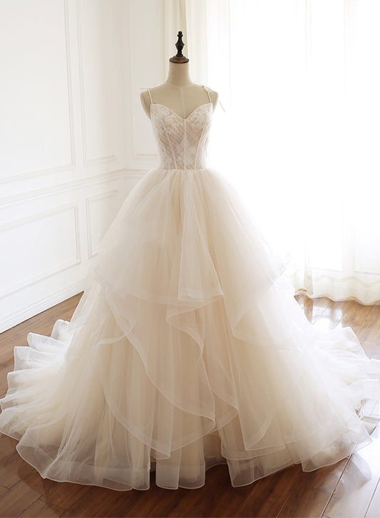 Champagne Spaghetti Strap Tulle Layers Long Prom Dress, Beautiful A-Line Princess Dress