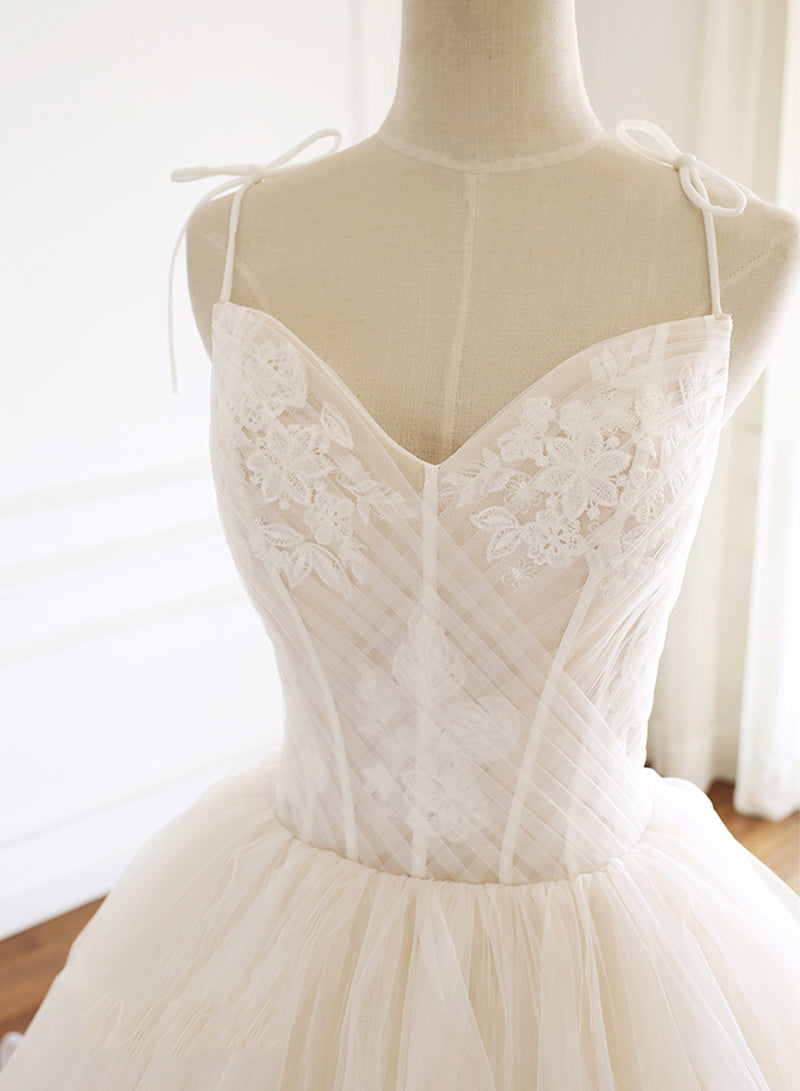 Champagne Spaghetti Strap Tulle Layers Long Prom Dress, Beautiful A-Line Princess Dress