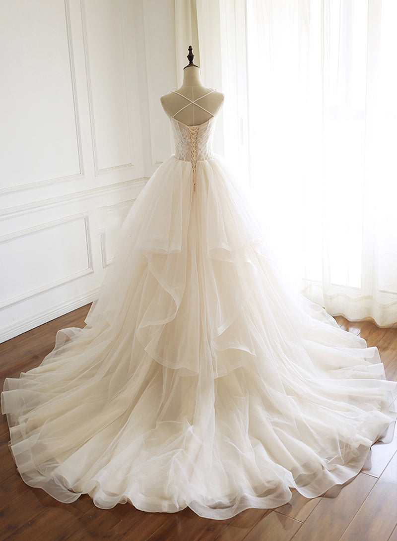 Champagne Spaghetti Strap Tulle Layers Long Prom Dress, Beautiful A-Line Princess Dress