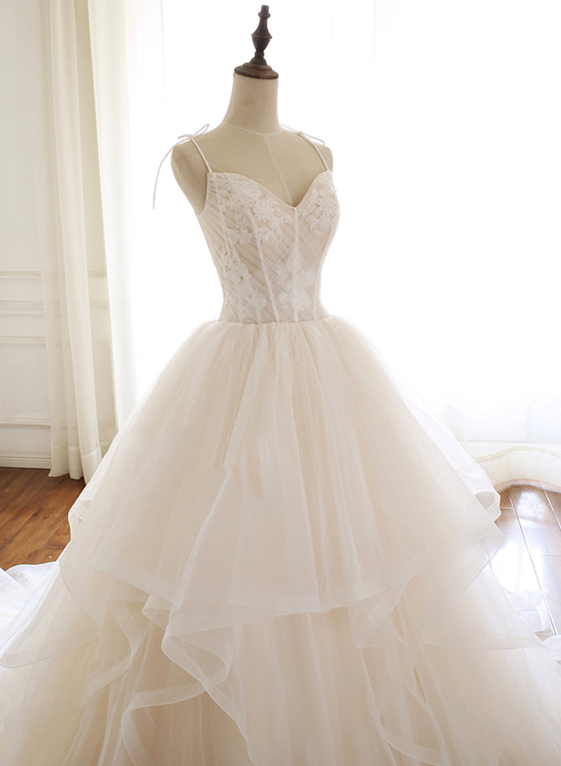 Champagne Spaghetti Strap Tulle Layers Long Prom Dress, Beautiful A-Line Princess Dress