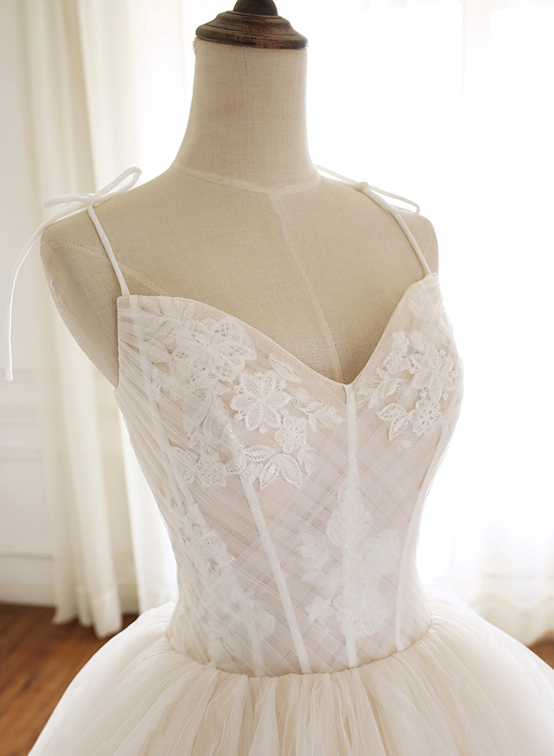 Champagne Spaghetti Strap Tulle Layers Long Prom Dress, Beautiful A-Line Princess Dress