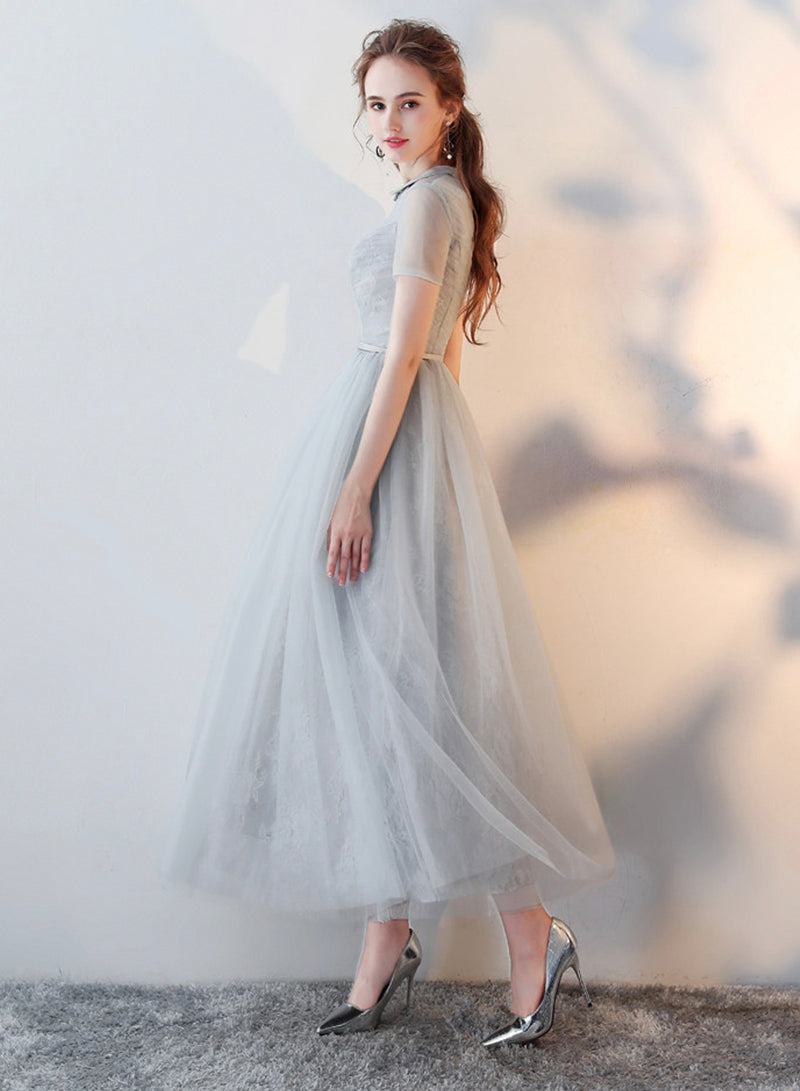 Cute Tulle Lace Tea Length Prom Dress, A-Line Beautiful Evening Dress